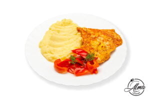 Piept de pui la cuptor cu piure de cartofi si salata de gogosari in otet